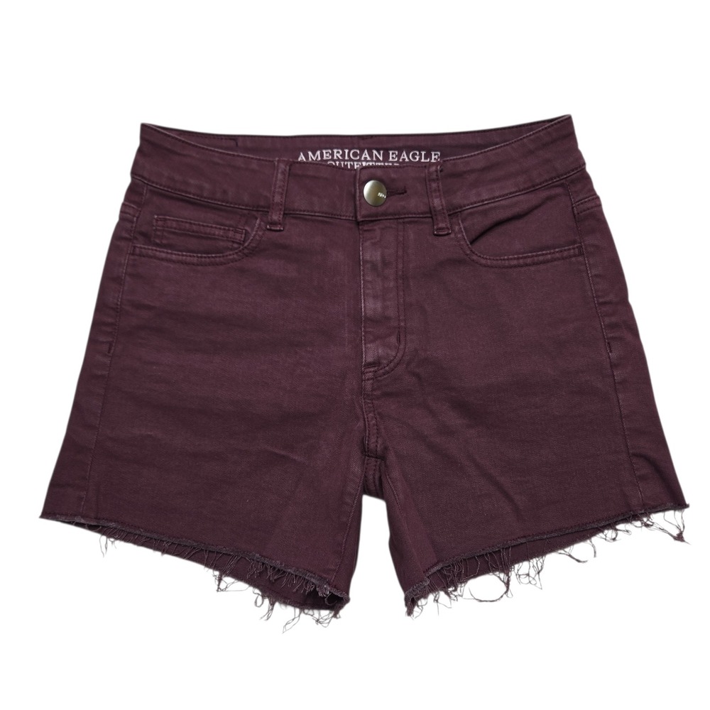 American Eagle Hi-Rise Shortie Womens 4 Burgundy Raw Hem Stretch Denim Shorts
